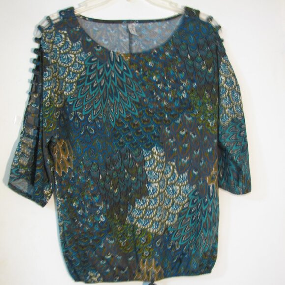 PerSeption Concept Blouse Small Green Brown Ladder Cutout Sleeves - Picture 1 of 4